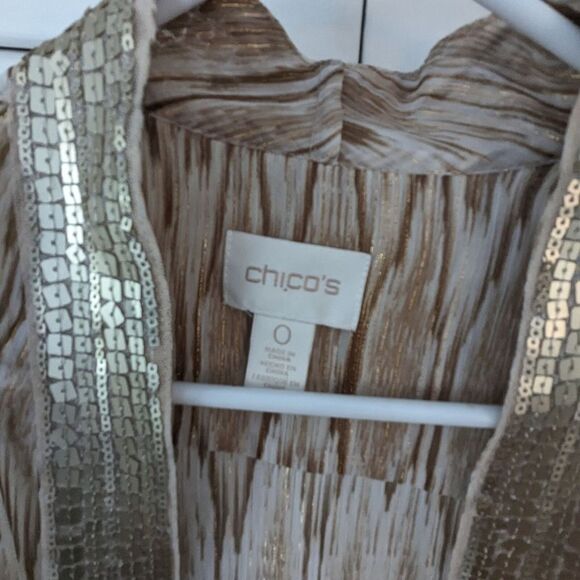 Chicos Vest sz S (0) Sheer Python Flowy sleeveless Champagne Sequin Peach Stripe - Picture 2 of 11